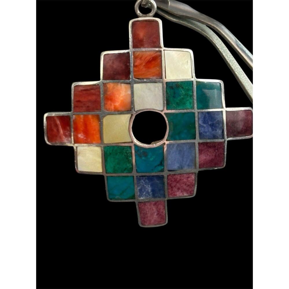 Peruvian Chakana Cross 950 Fine Silver Rainbow Stone Inlay Andean Pendant - Picture 3 of 6